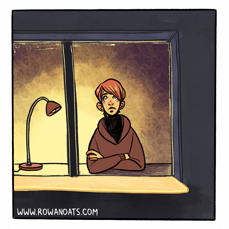 Panel three. We see the window clearly. A young person with short red hair is sitting by a desk, looking out.